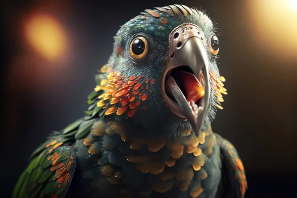 A colorful bird with its mouth open and a light in the background is shining brightly ultra realistic digital art a 3d render photorealism