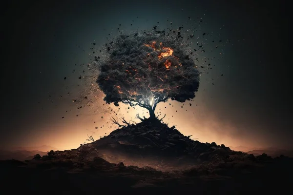 A tree on top of a mountain with a lot of birds flying around it and a lot of fire coming out of it cinematic matte painting a detailed matte painting auto-destructive art