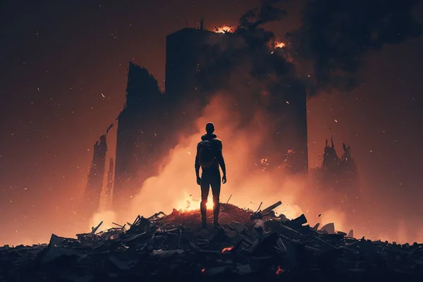 A man standing in a pile of rubble in a city at night with a red glow dystopian art cyberpunk art auto-destructive art