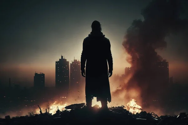 A man standing in front of a fire in a city at night with a city skyline in the background dystopian art cyberpunk art antipodeans