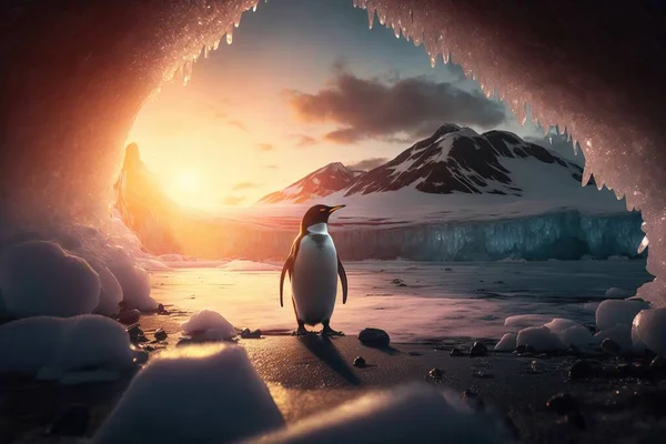A penguin standing in a cave with a sunset in the background and ice formations on the ground cinematic matte painting a matte painting environmental art