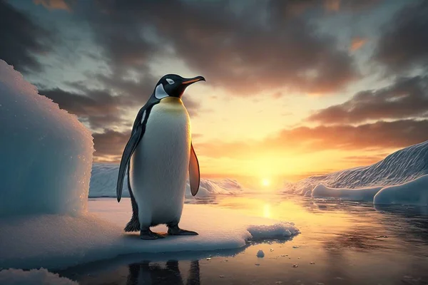 A penguin standing on ice in the snow at sunset with a sunset in the background cgstudio a 3d render photorealism