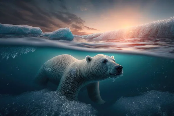 A polar bear swimming in the ocean with icebergs in the background and a sun setting underwater a photorealistic painting art photography