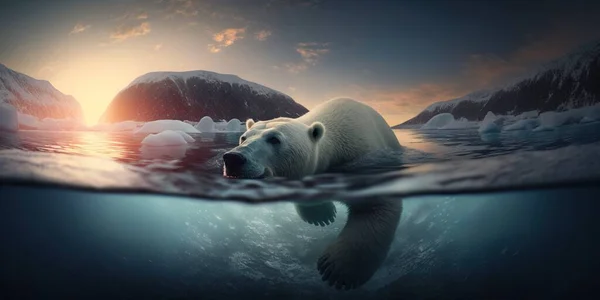 A polar bear swimming in the ocean at sunset with mountains in the background and a sun setting underwater a matte painting art photography