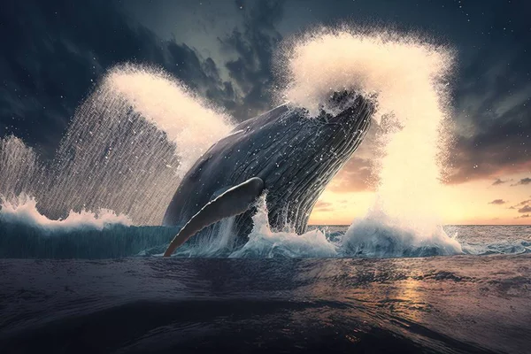 A humpback whale jumping out of the water at sunset or dawn with a splash of water on its back award-winning photograph a photorealistic painting art photography