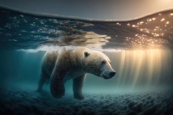 A polar bear swimming under water in the ocean with bubbles and bubbles on the water underwater a photorealistic painting art photography