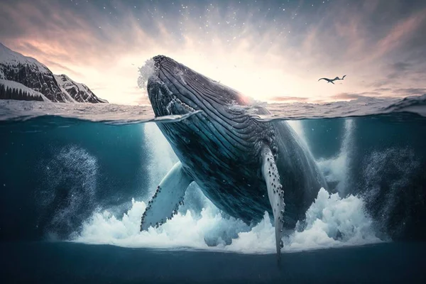 A humpback whale is diving in the ocean with a bird flying above it award-winning photograph a photorealistic painting art photography
