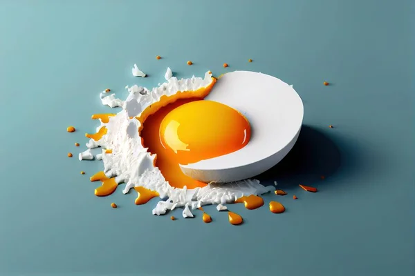 A cracked egg with a yolk inside of it on a blue background with scattered eggshells octane renderer a 3d render photorealism