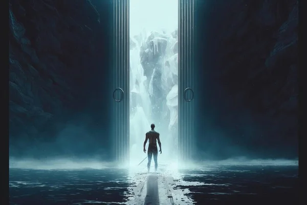A man standing in front of a doorway in a dark cave with a giant doorway dndbeyond poster art fantasy art
