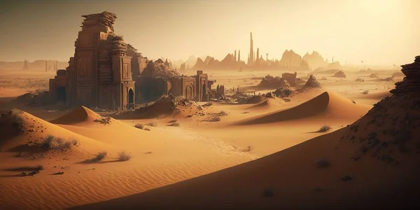 A desert with a large building in the middle of it and a lot of sand dunes cinematic matte painting a detailed matte painting afrofuturism