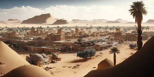 A desert town with a palm tree in the foreground and a mountain in the background cinematic matte painting a detailed matte painting hurufiyya
