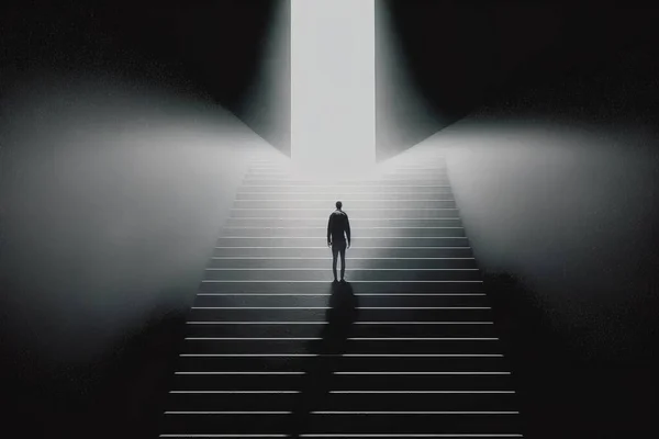 A man standing on a stairway in the middle of a room with stairs leading to a light volumetric light a digital rendering light and space
