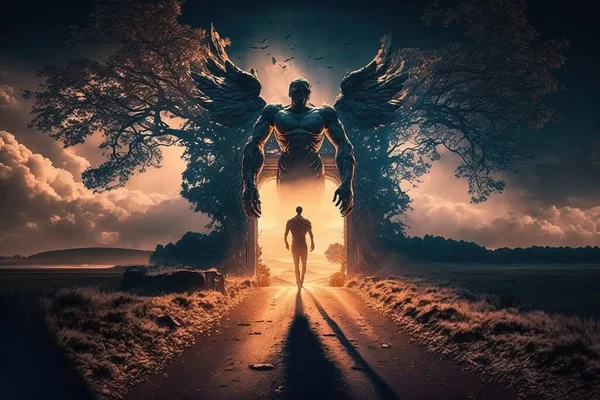 A man walking down a road with an angel on his back and a man standing in the middle of the road fantasy digital art poster art fantasy art