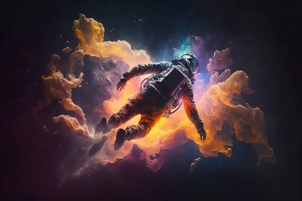 A man in a space suit floating through the air with clouds and stars around him space an ultrafine detailed painting space art