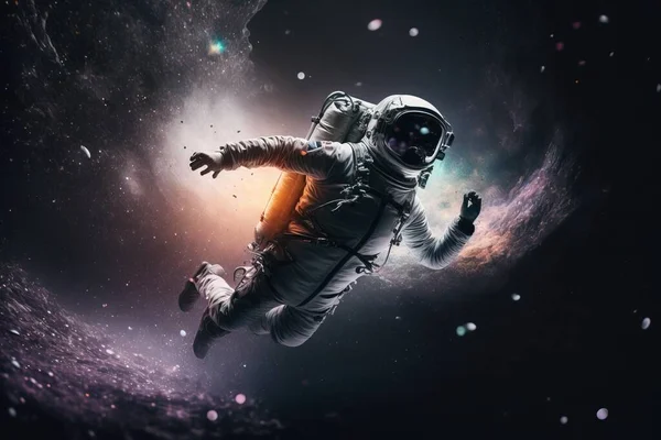 A man in a space suit floating in space with a space background and stars around him space a detailed matte painting space art