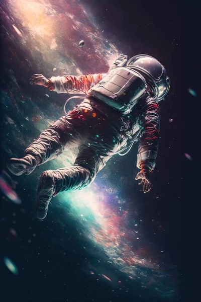 A man in a space suit floating in space with a planet in the background and stars in the sky space poster art space art
