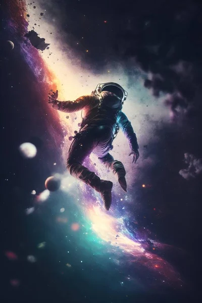 A man in a space suit floating in the air with planets around him and a rainbow light space poster art space art