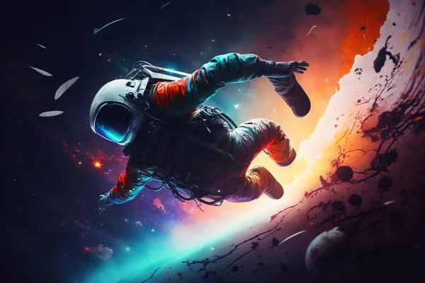 A man in a space suit floating in space with a space background and planets in the background space poster art space art