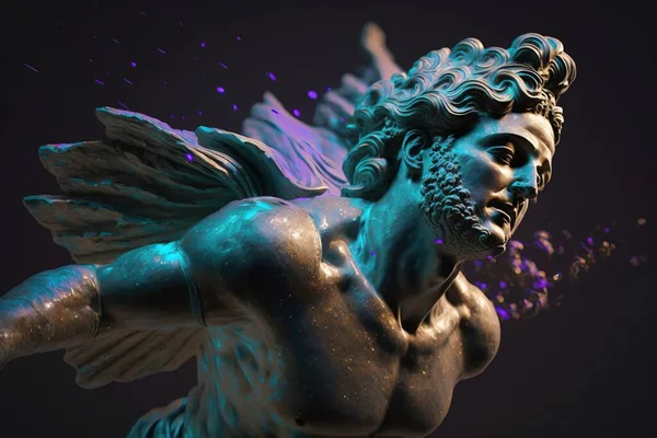 A statue of a man with wings and a body of water splashing out of it octane renderer a 3d render holography