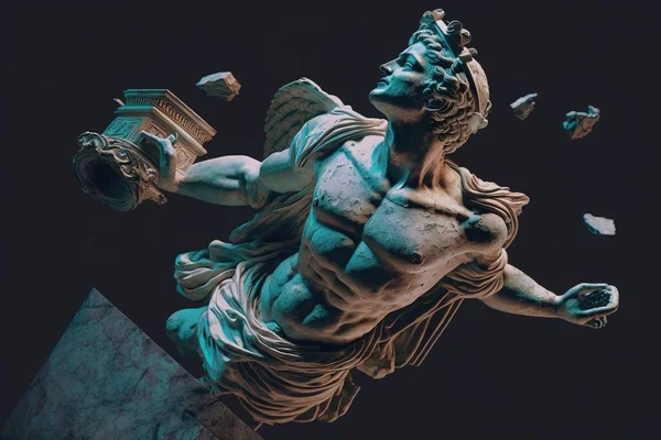 A statue of a man with a sword and a bird flying around him with a black background octane renderer a marble sculpture neoclassicism