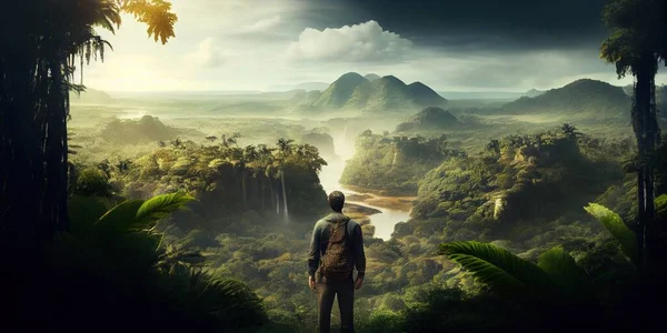 A man standing in the middle of a jungle looking at a waterfall and mountains in the distance cinematic matte painting a detailed matte painting photorealism