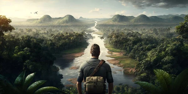 A man standing in the middle of a jungle looking at a river and mountains in the distance promotional image a detailed matte painting serial art