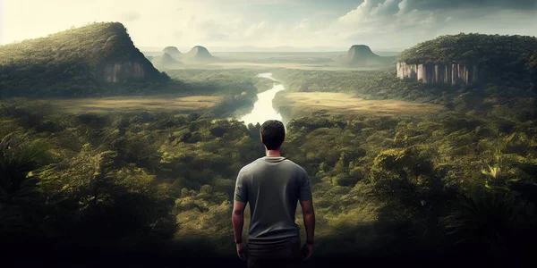 A man standing in front of a river surrounded by mountains and trees in the distance cinematic matte painting a detailed matte painting naturalism