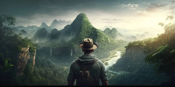 A man with a hat standing in front of a mountain landscape with a river and mountains cinematic matte painting a matte painting photorealism