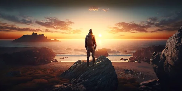 A man standing on a rock looking out at the ocean at sunset or sunrise with a person standing on a rock looking out at the cinematic 4k wallpaper a matte painting computer art