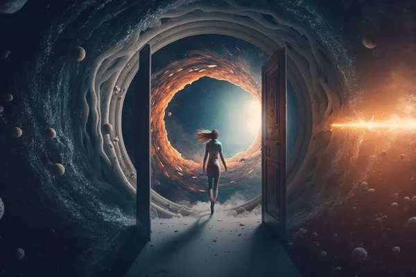 A woman is walking out of a doorway into a space filled with planets and stars liminal space a detailed matte painting fantasy art