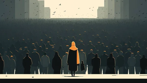 A person standing in front of a crowd of people in a city with birds flying overhead editorial illustration poster art les automatistes