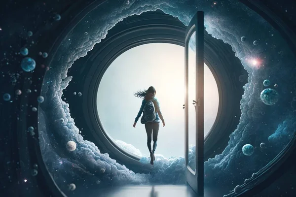 A woman is walking out of a doorway into a space filled with bubbles and stars liminal space in outer space a storybook illustration magical realism