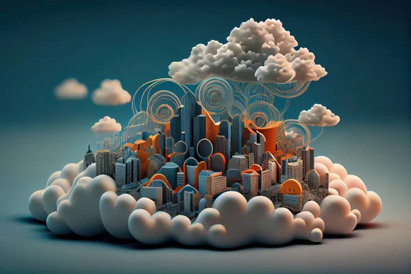 A digital painting of a city in the clouds with a blue sky background and a white cloud highly detailed digital painting a detailed matte painting international typographic style