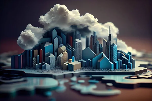 A city in the clouds with a puzzle piece in front of it and a puzzle piece in the foreground cinematic matte painting an ambient occlusion render video art