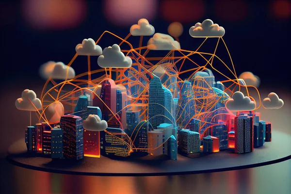A city with a network of buildings and clouds floating over it in the night sky city background a 3d render objective abstraction