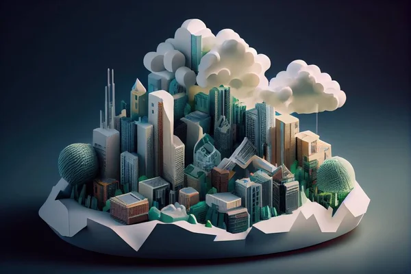 A city in the clouds with buildings and trees on top of it and a mountain liam brazier an ambient occlusion render new objectivity