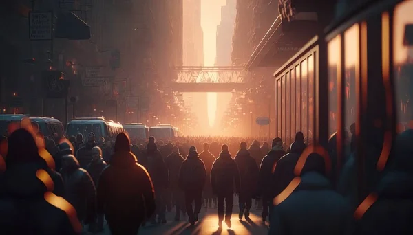 A group of people walking down a street next to tall buildings at sunset or sunrise volumetric lighting a matte painting neo-figurative