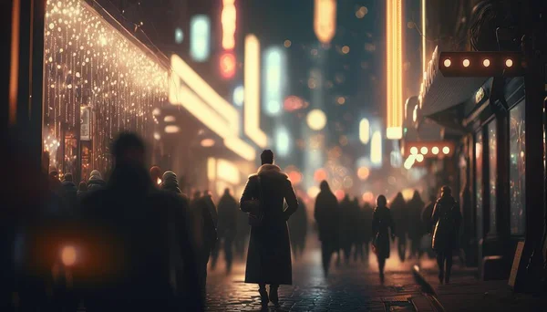 A woman walking down a street at night with a lot of lights on the buildings cinematic lighting computer graphics photorealism