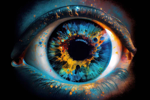 A close up of a blue eye with a black background and a yellow and blue iris highly detailed digital painting an airbrush painting psychedelic art