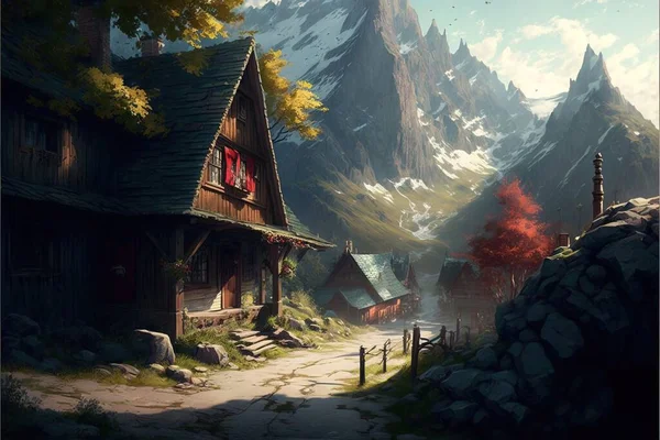 A painting of a mountain village with a mountain in the background and a cabin in the foreground cinematic matte painting a detailed matte painting fantasy art