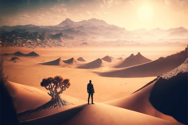 A man standing on top of a desert under a tree in the distance with mountains in the background desert a matte painting afrofuturism