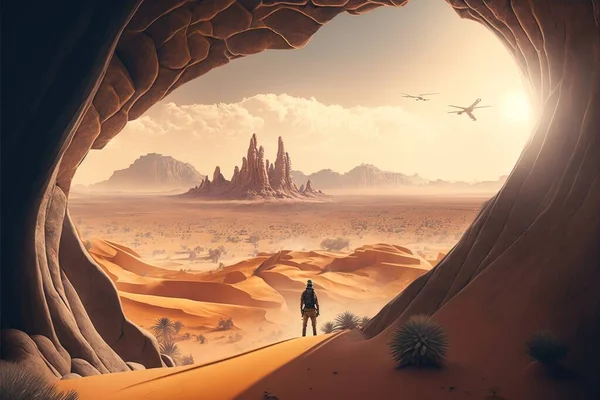 A man standing in a cave looking out at a desert landscape with a plane flying overhead cinematic matte painting a detailed matte painting space art