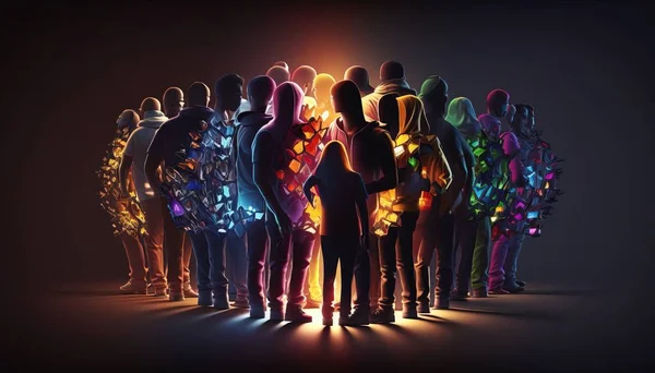 A group of people standing in a line with their backs turned to the camera with a bright light shining on them affinity photo computer graphics holography
