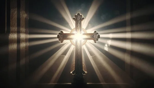 A cross with a light shining through it in a dark room with a window behind it radiant light a flemish baroque gothic art