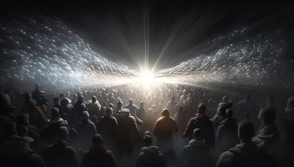 A crowd of people standing in a dark room with a bright light coming from the center dystopian art concept art kinetic pointillism