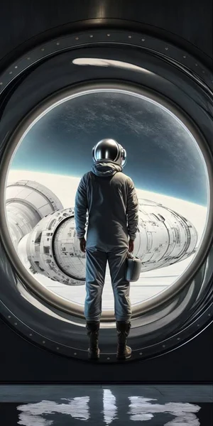 A man in a space suit looking out of a window at the earth and space redshift render poster art space art