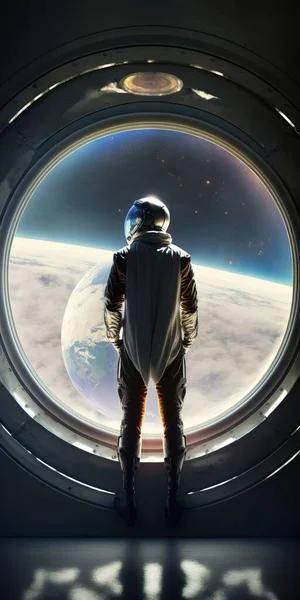 A man in a space suit looking out of a window at the earth below and a view of the sky liminal space in outer space concept art space art