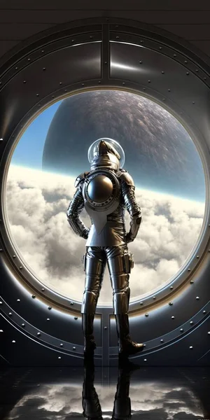 A man in a space suit standing in front of a window looking at the earth space a detailed matte painting space art
