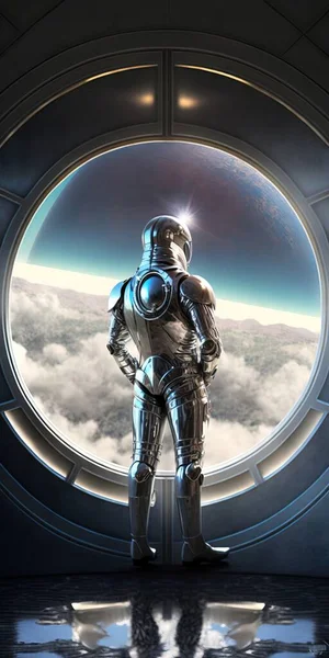 A man in a space suit standing in front of a window with a view of the earth sci fi a detailed matte painting space art