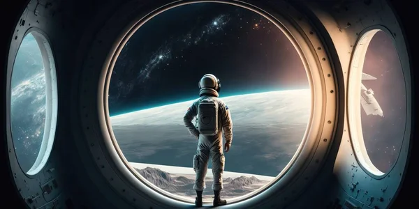 A man standing in a space station looking out the window of a space station with a view of the earth space a detailed matte painting space art